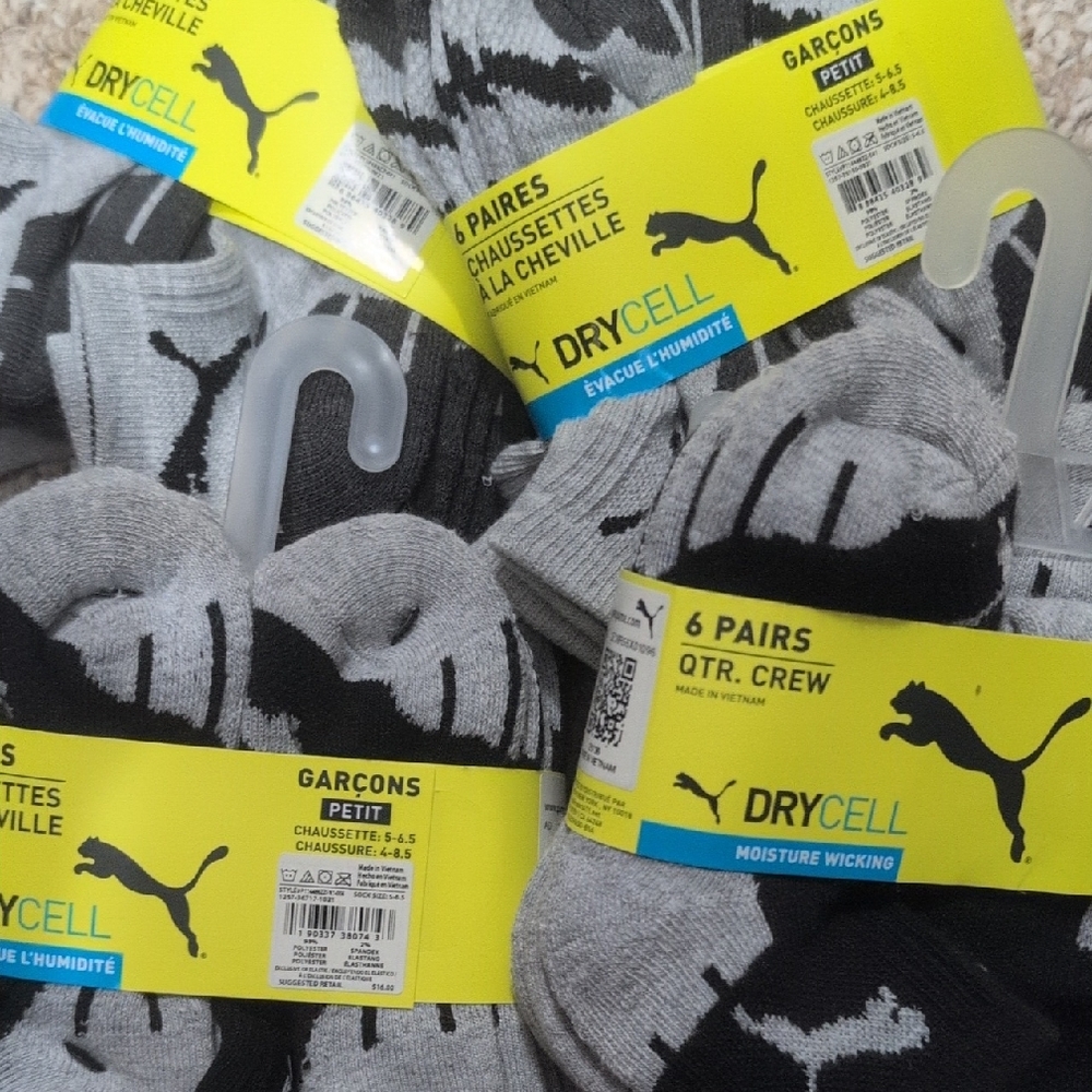 Puma KIDS Athletic Crew Socks - Black and Gray *4 PACKS*